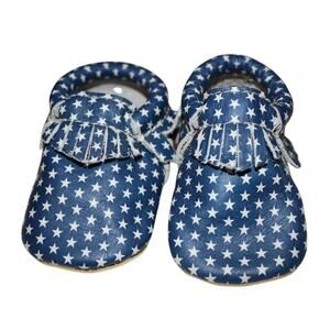 Freshly Picked Leather Moccasin Blue Star Spangled Crib Shoes Baby Girl Size 1